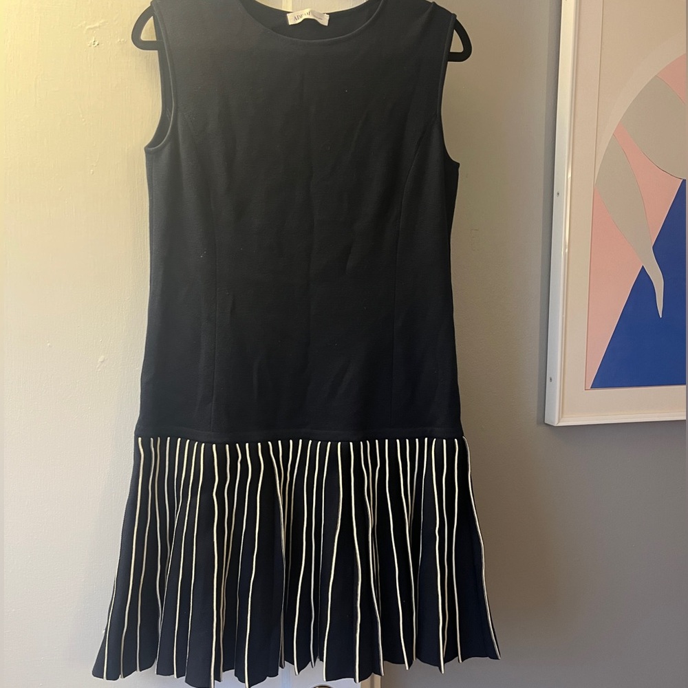 ADEAM Navy Sleeveless Dress with White Contrast Pleated Drop Waist Hem